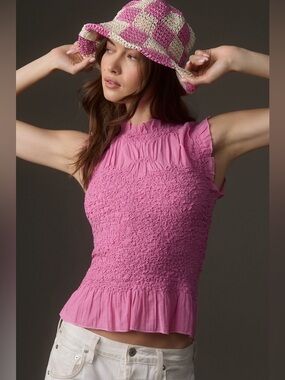 Anthropologie Pink Smocked Ruffle Cap-Sleeve Top